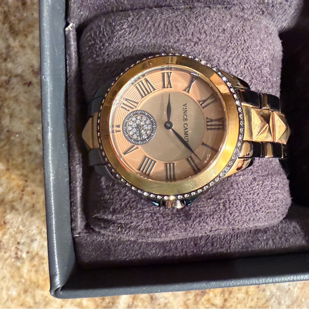Vince Camuto Rose Gold & Dark Grey Stainless Steel Watch With Crystals